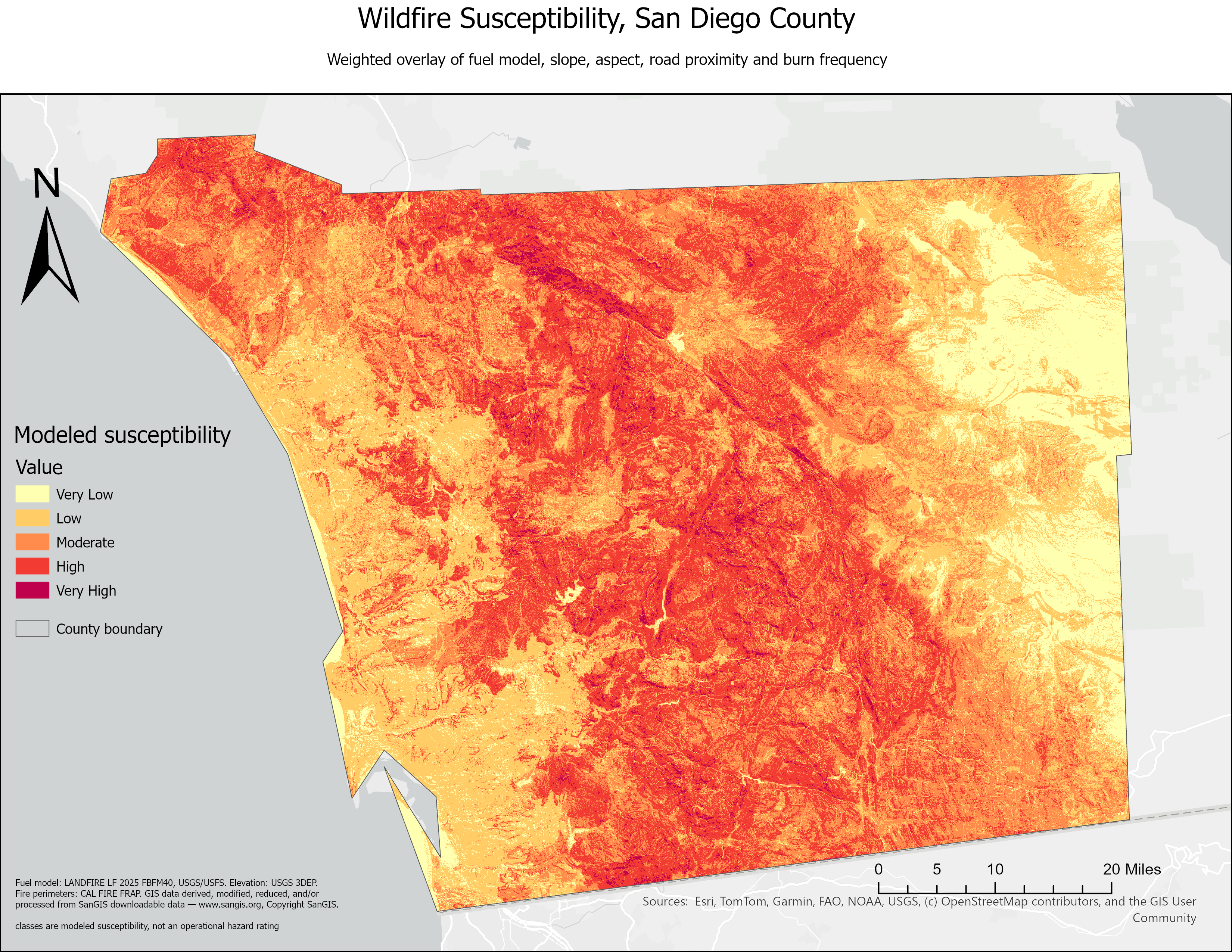 Wildfire susceptibility surface, San Diego County